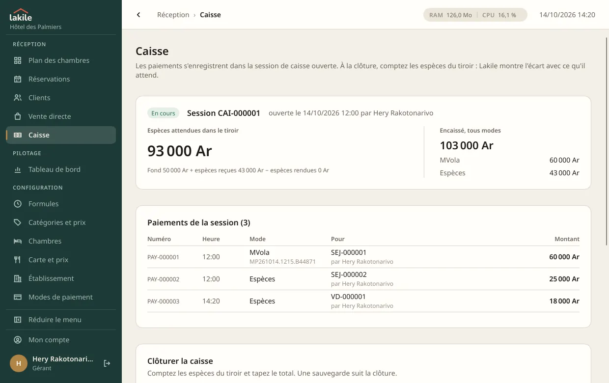 Session de caisse : espèces attendues dans le tiroir, encaissements par mode et liste des paiements