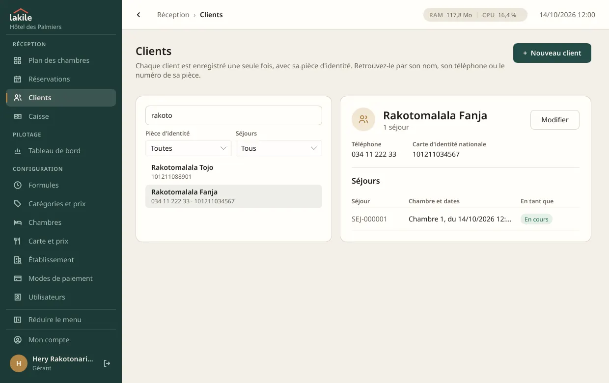 Fiche d'un client trouvé par son nom : sa carte d'identité, son téléphone et ses séjours