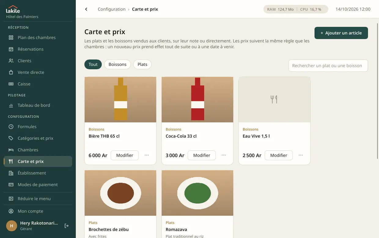 Carte du restaurant et du bar avec les photos des plats