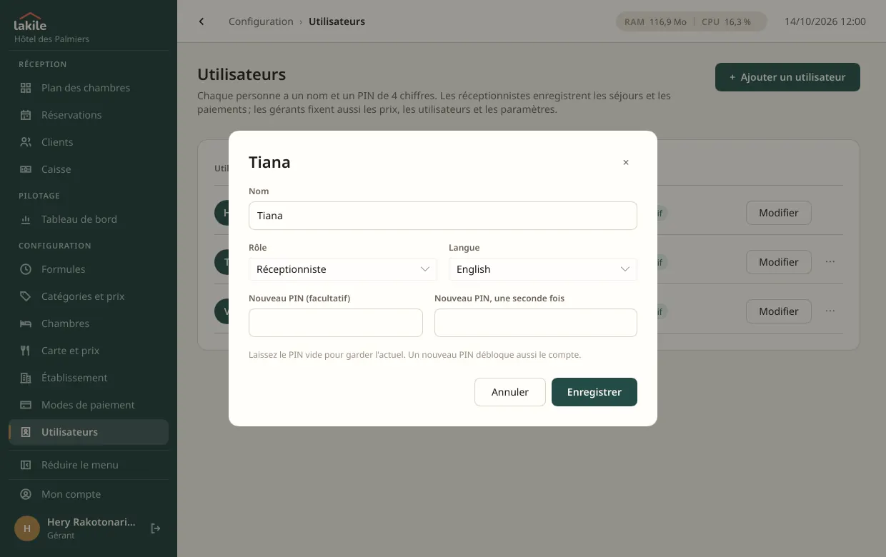 Fiche d'un utilisateur : son nom, son rôle de réceptionniste ou de gérant, sa langue et son code PIN